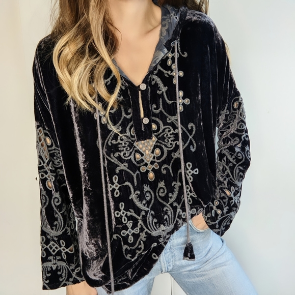 Johnny Was Tops - Johnny Was velvet embroidered hooded tunic top S